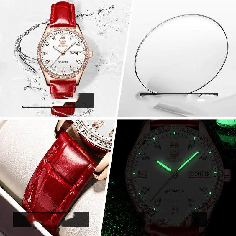 OLEVS Women's Watch automatic mechanical waterproof with red leather strap and luminous hands