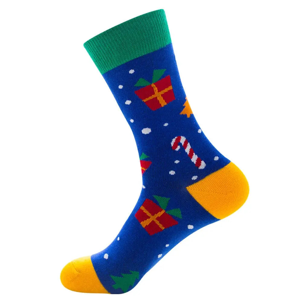 Festive men’s cotton socks with colorful holiday gift and candy cane design, mid-tube jacquard style