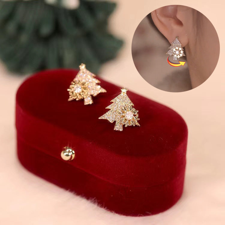 Rotatable Christmas Tree Earrings Shiny Rhinestone Snowflake Stud Earring New Year Xmas Festival Ear Jewelry Gifts Autumn And Winter The Emporium