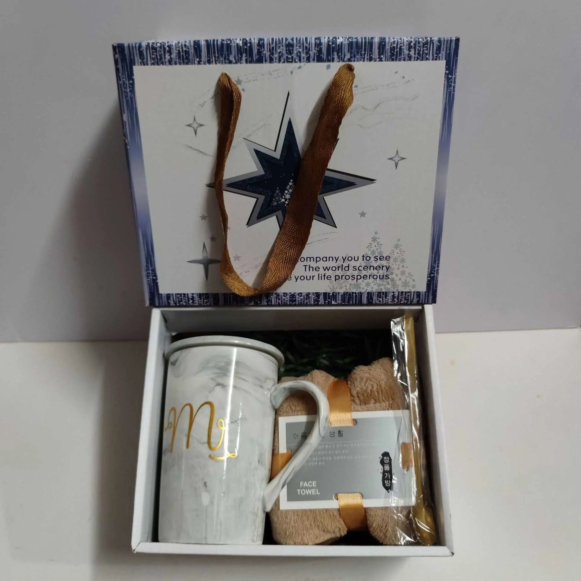 Ceramic cup gift box set with letter print mug, spoon, towel, and decorative gift packaging