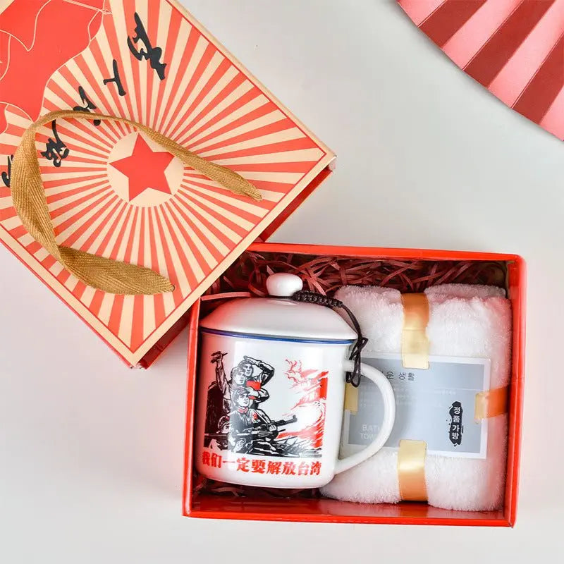 Ceramic cup gift box set with letter print mug, spoon, towel, and decorative packaging
