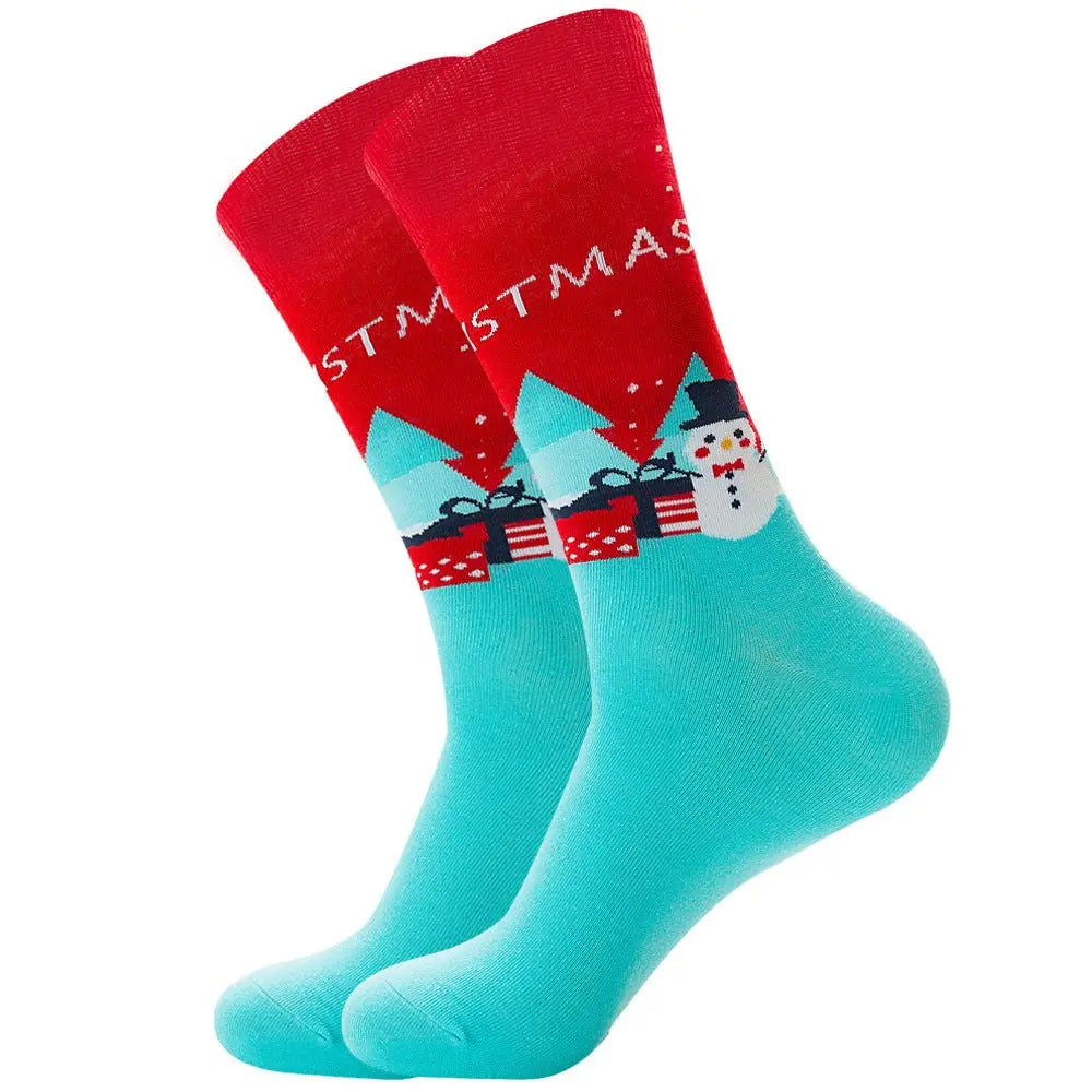 Festive men’s cotton socks with Santa Claus and moose design, mid-tube jacquard style, red and turquoise colors