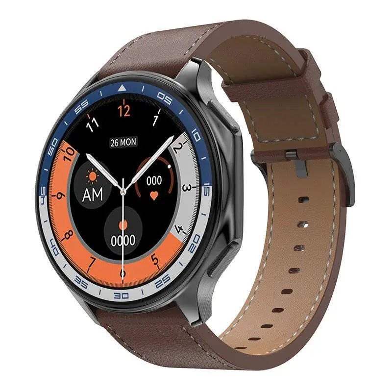 DT WATCH X smartwatch with Bluetooth calling, heart rate, fitness tracking, and brown leather strap