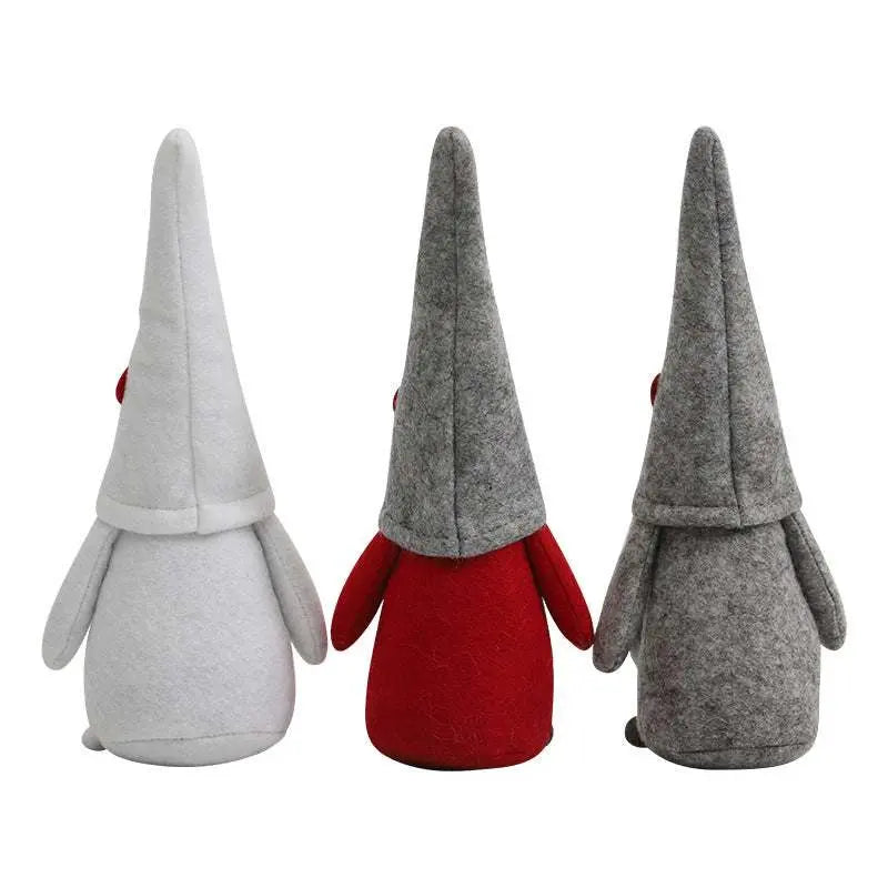 Set of three 21cm Christmas Gonk dolls with tall hats in white, red, and gray non-woven fabric, Nordic holiday ornaments.