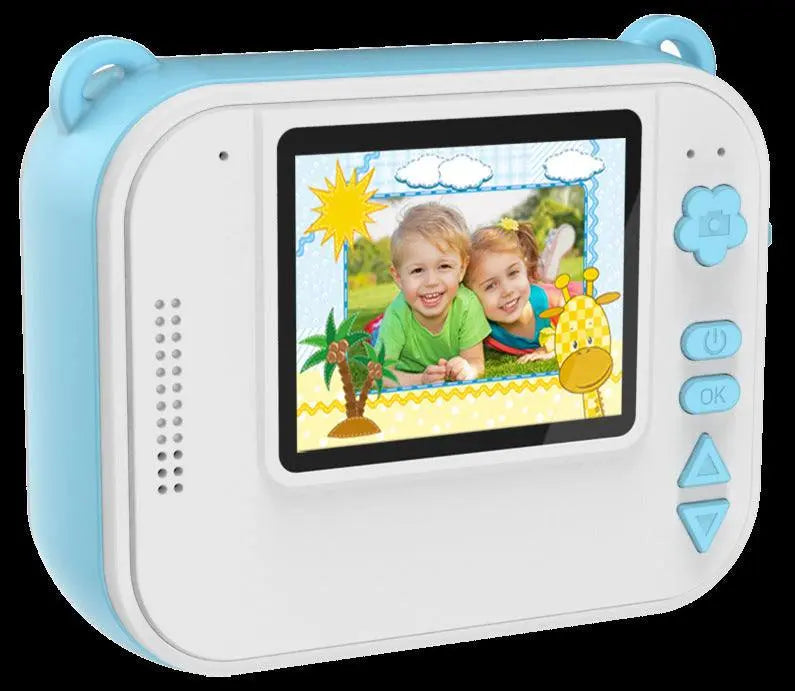 Mini SLR Kids Digital Camera in blue with 2-inch LCD screen showing kids photo