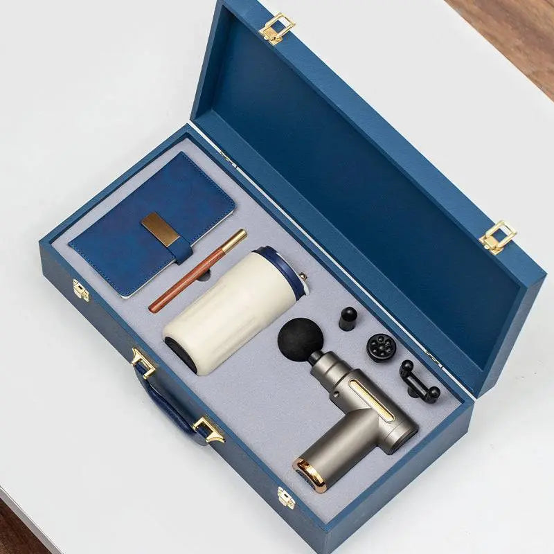 Massage gun gift box with mug, notebook, and pen in a luxury blue case for business gifts