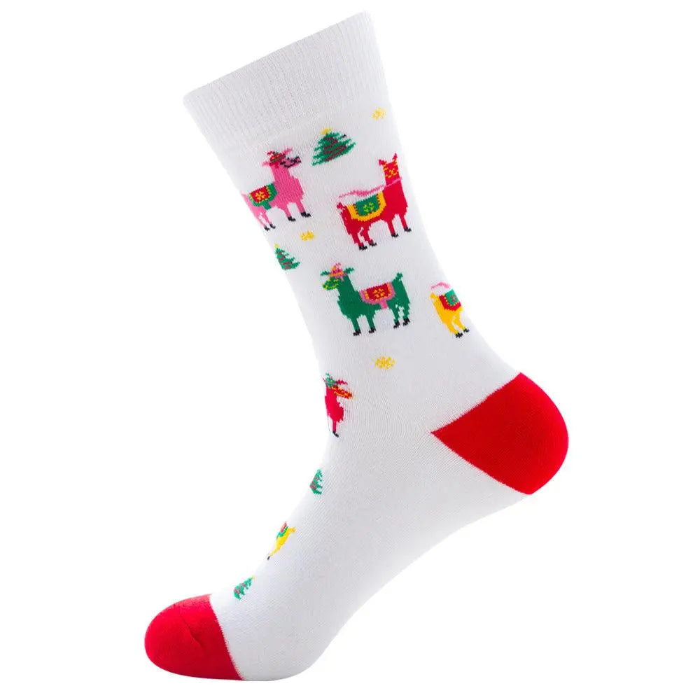 Festive men’s cotton socks with Santa Claus and moose jacquard design, mid-tube style, white with red heel and toe.