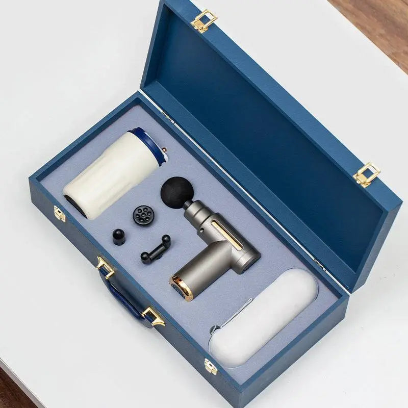 Massage Gun Gift Box with ceramic mug, umbrella, powerbank, and wellness accessories in a premium blue luxury business gift set case