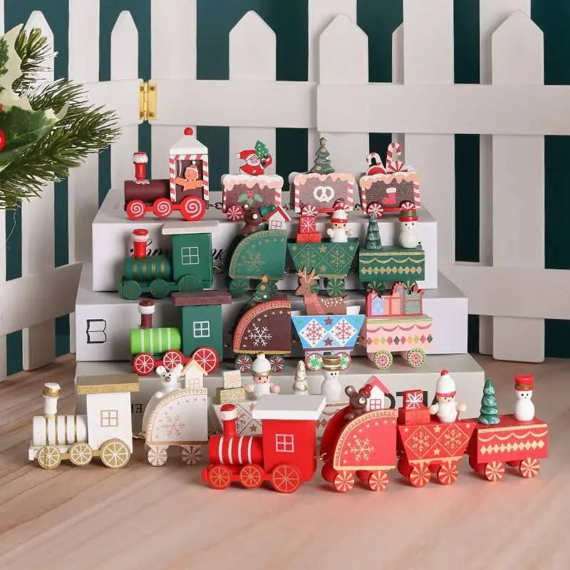 Wooden Train Christmas Decoration set with festive designs including Santa, reindeer, and holiday-themed colors, perfect for holiday décor.