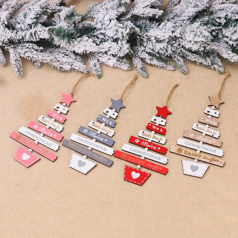 Wooden Christmas Tree Hanging Decoration in red, gray, pink, and natural wood colors with festive holiday messages