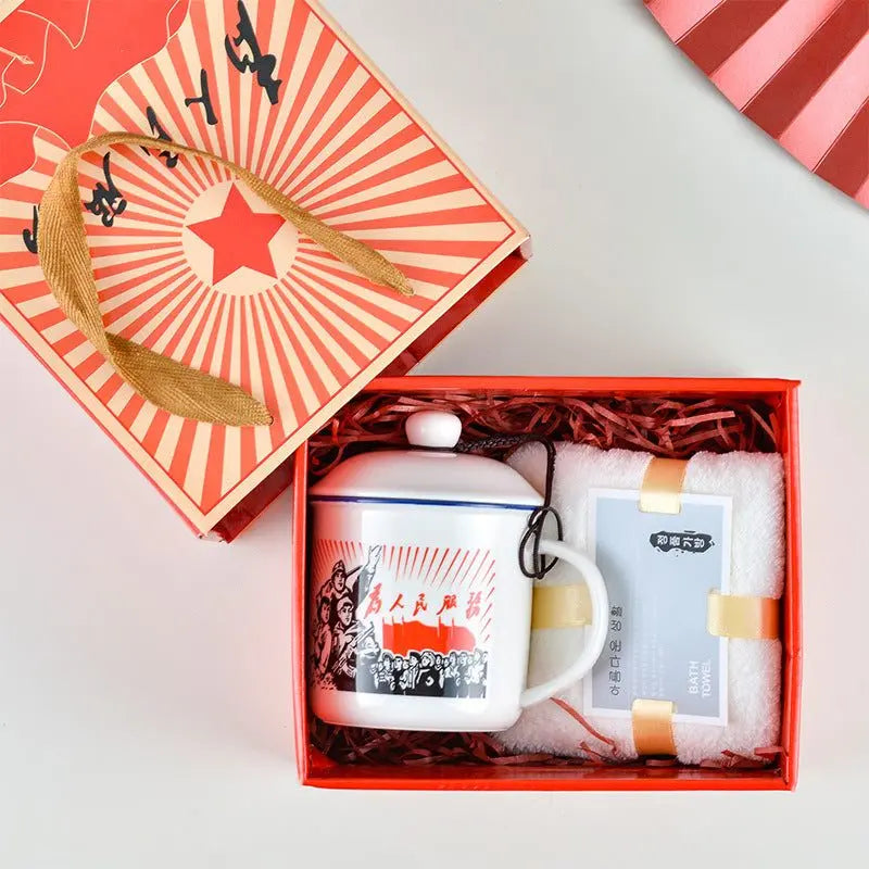 Ceramic cup gift box set with letter print mug, spoon, towel, and decorative red gift packaging