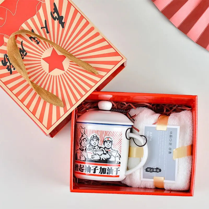 Ceramic cup gift box set with letter print mug, spoon, towel, and gift packaging in red box