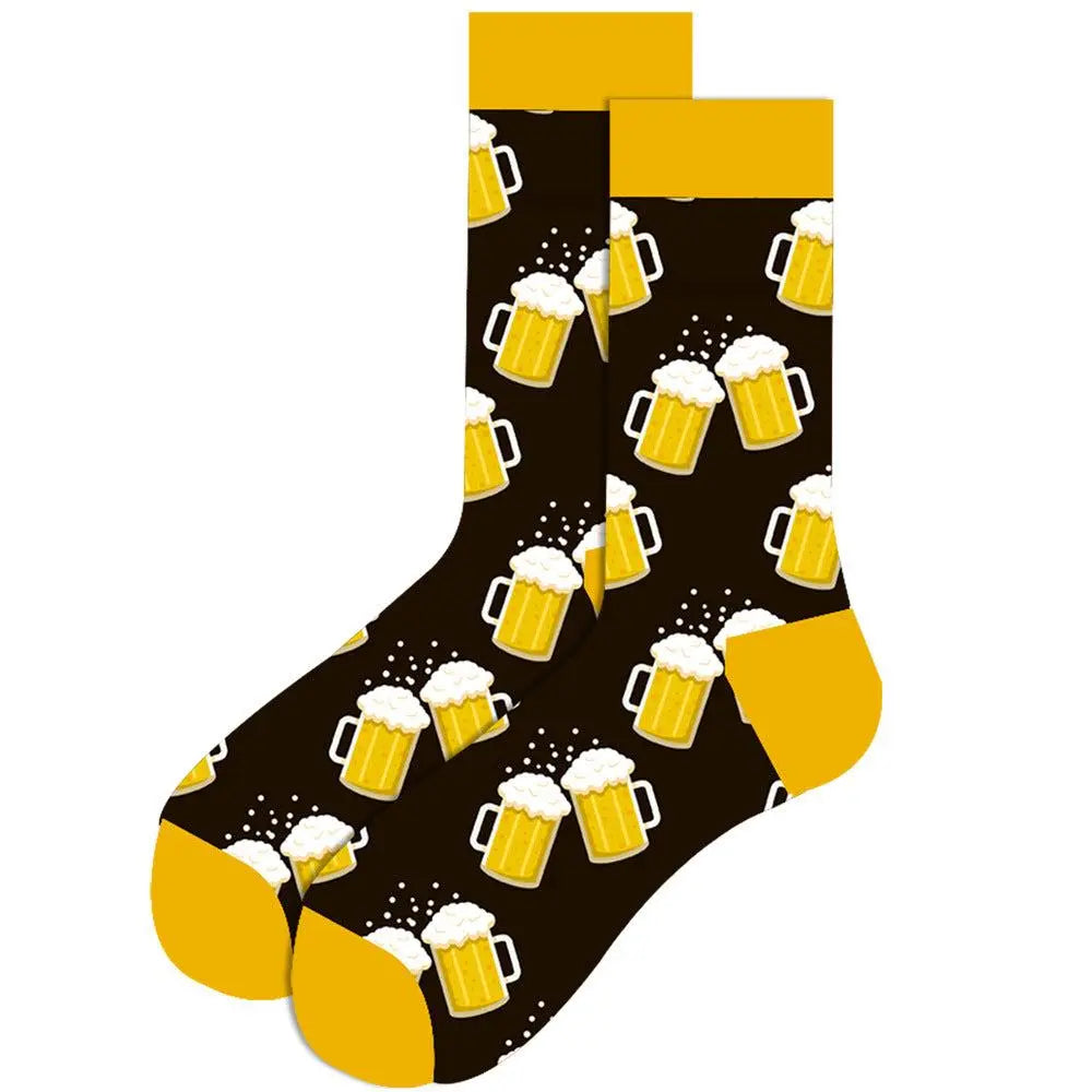 Festive men's cotton socks with beer mug pattern, mid-tube length, yellow accents