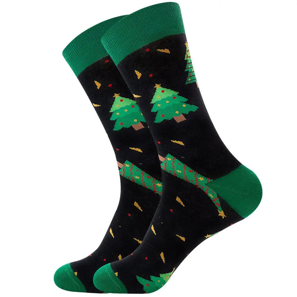 Festive men’s cotton socks with green cuff and toe, featuring Christmas tree jacquard design, mid-tube length, breathable and soft for holiday wear