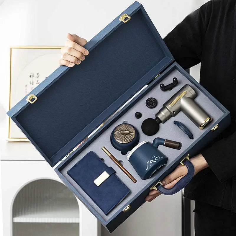 Light luxury massage gun gift box set with mug, umbrella, powerbank, and accessories in premium business packaging