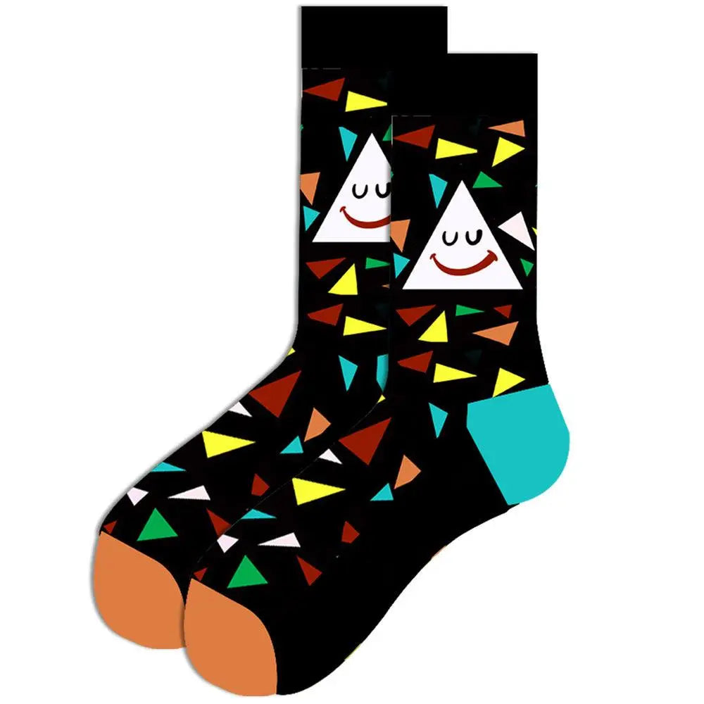 Festive men’s cotton socks with colorful geometric pattern and smiling triangle design, mid-tube length for casual wear