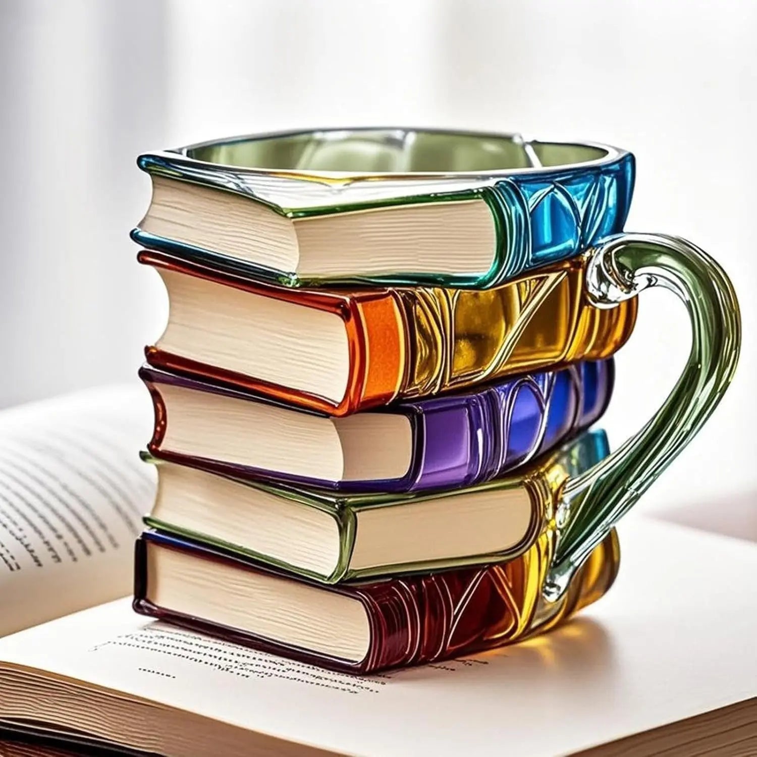 Stacked book novelty coffee mug in colorful resin with modern simplicity design