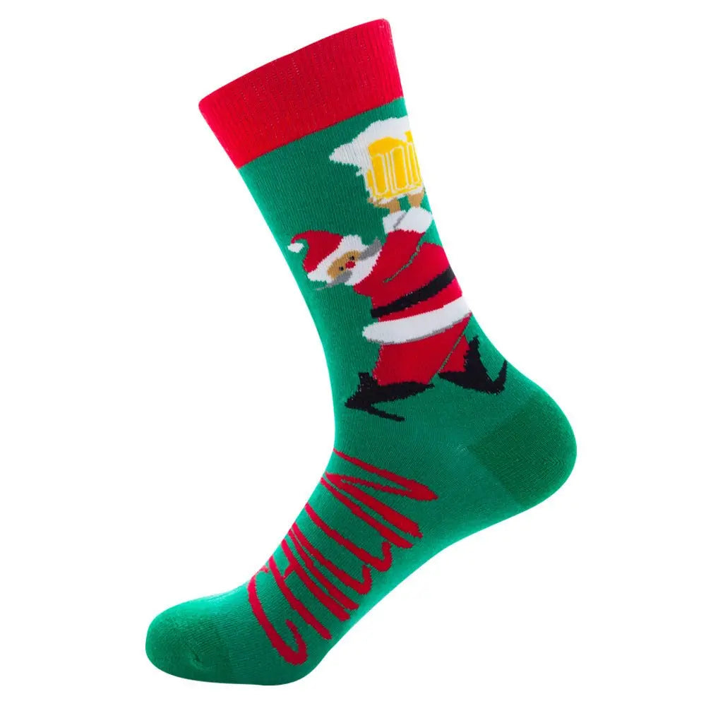 Festive men’s cotton sock with Santa Claus design in mid-tube style, red and green jacquard knit.