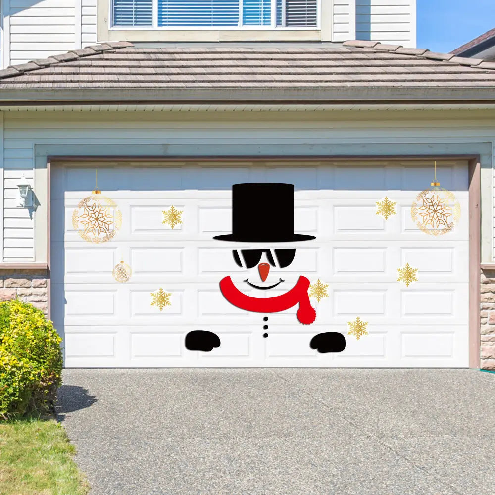 Christmas snowman sticker on white garage door with red scarf, black hat, and gold snowflake decorations