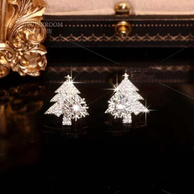 Rotatable Christmas Tree Earrings Shiny Rhinestone Snowflake Stud Earring New Year Xmas Festival Ear Jewelry Gifts Autumn And Winter The Emporium
