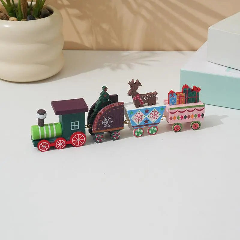 Wooden train Christmas decoration with festive Santa, reindeer, and colorful fan-shaped designs for holiday decor.