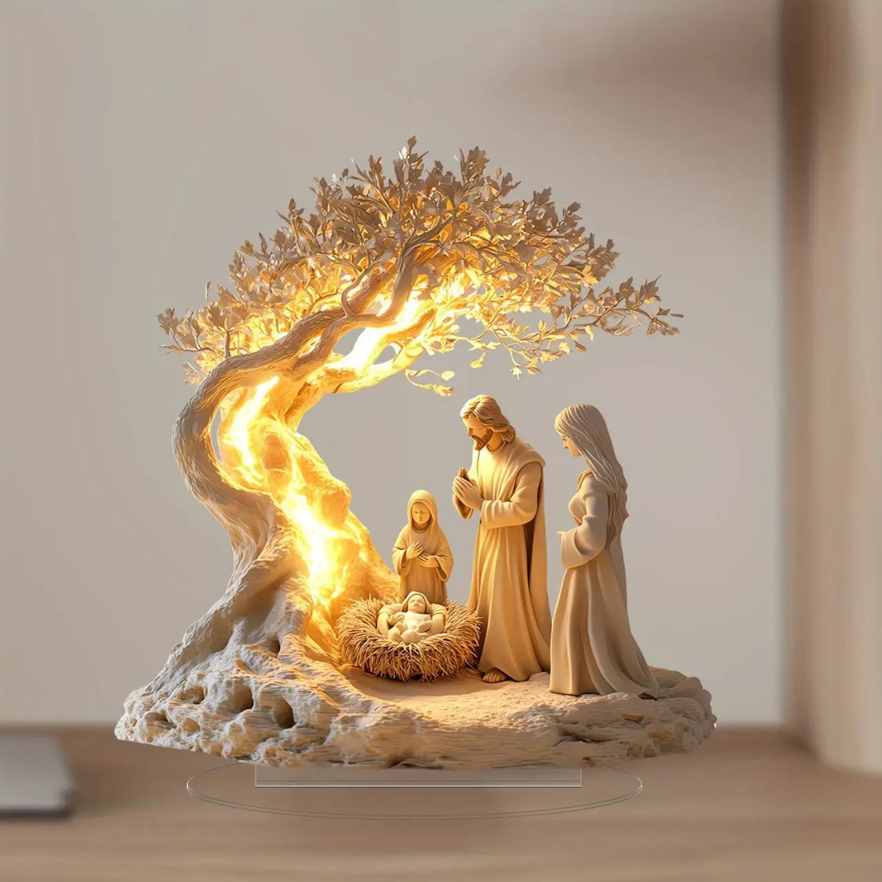 Jesus Tree of Life acrylic ornament featuring nativity scene with illuminated tree and holy family figurines