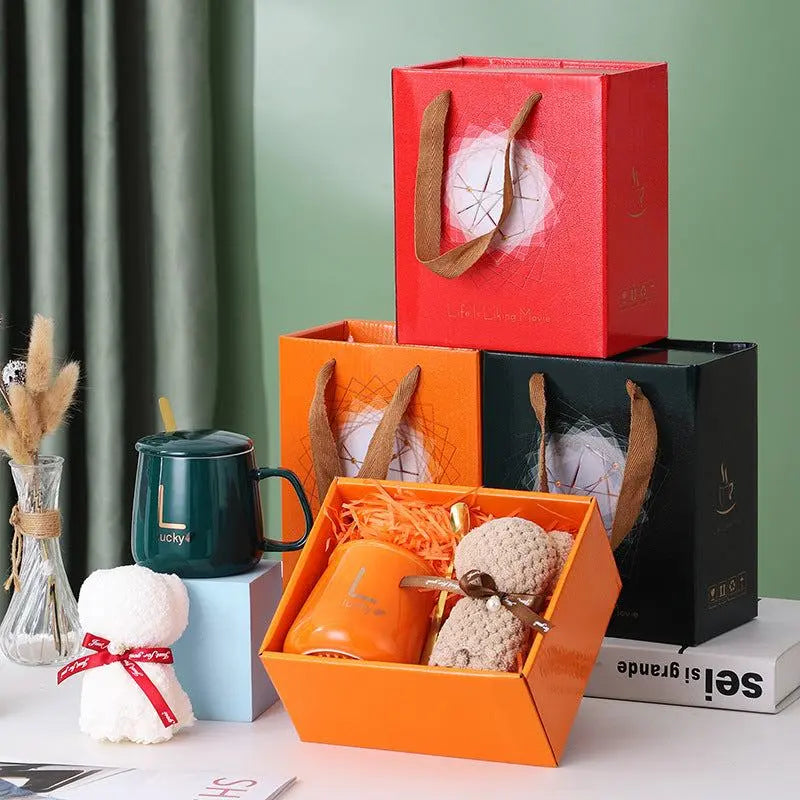 Ceramic cup gift box set with letter print mug, spoon, towel, and gift packaging in vibrant colors