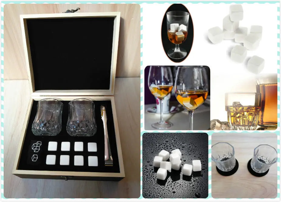 Whisky glasses and stones wooden gift box set with luxury retro design and granite chilling stones