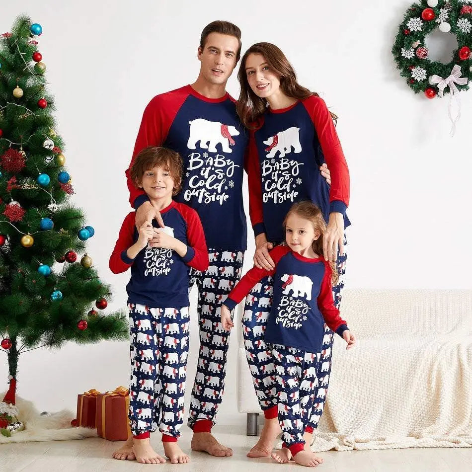 Christmas family matching pyjamas set with polar bear print, navy and red soft cotton material, cozy holiday home wear for parents and kids