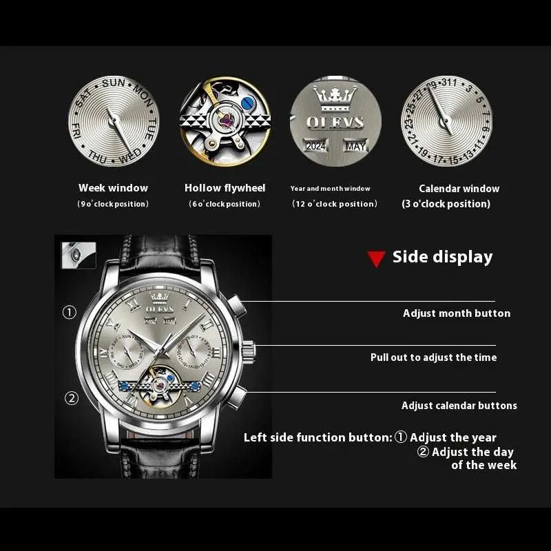 Waterproof luminous automatic mechanical men's watch with multifunctional dial and leather strap