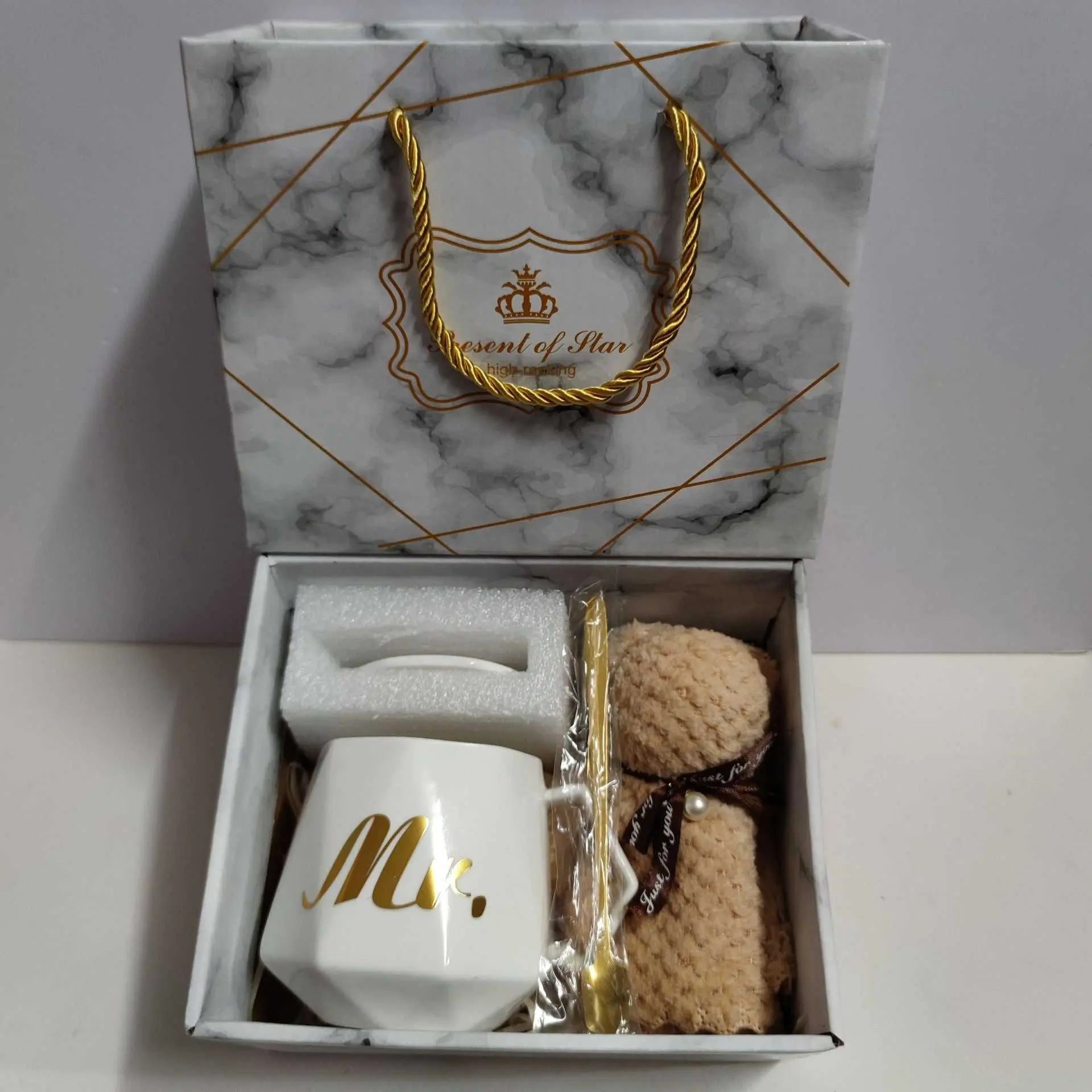 Ceramic cup gift box set with letter print mug, spoon, towel, and elegant gift packaging