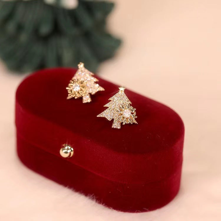 Rotatable Christmas Tree Earrings Shiny Rhinestone Snowflake Stud Earring New Year Xmas Festival Ear Jewelry Gifts Autumn And Winter The Emporium