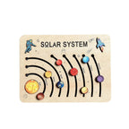 Educational solar system model with planets on a wooden board