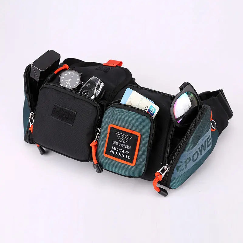Compact running waist bag with multiple zippered pockets, suitable for outdoor activities like hiking and climbing, made of durable lycra material.
