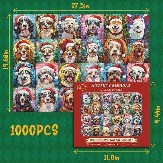 Christmas Advent Calendar puzzle with 1000 pieces featuring dogs wearing Santa hats on high-quality paper.