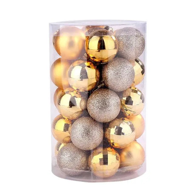 34-piece Christmas ball ornaments set in gold and glitter finish in clear plastic container