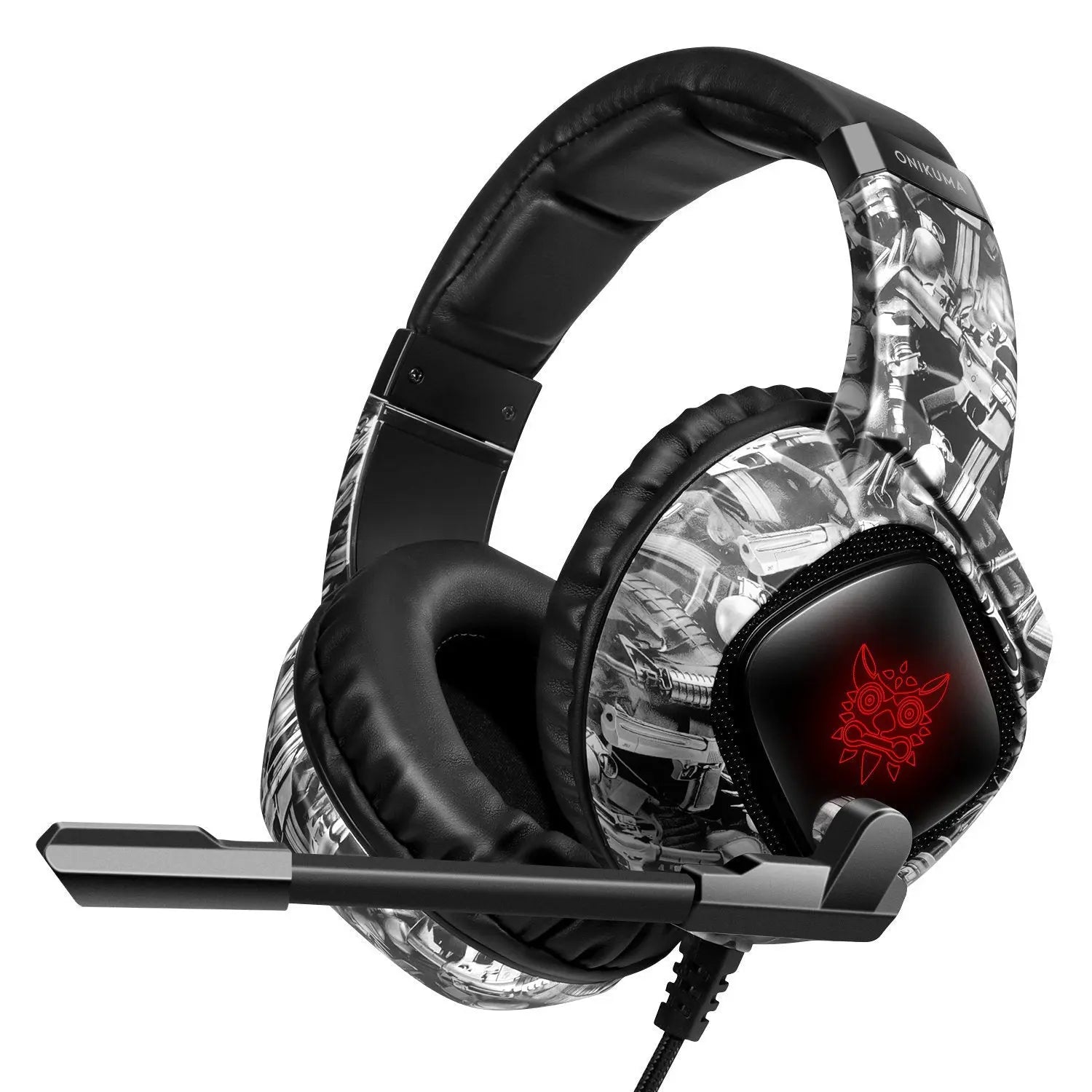 Gaming headset for Xbox with noise-cancelling mic, RGB lighting, and 40mm neodymium drivers in black and gray camouflage design