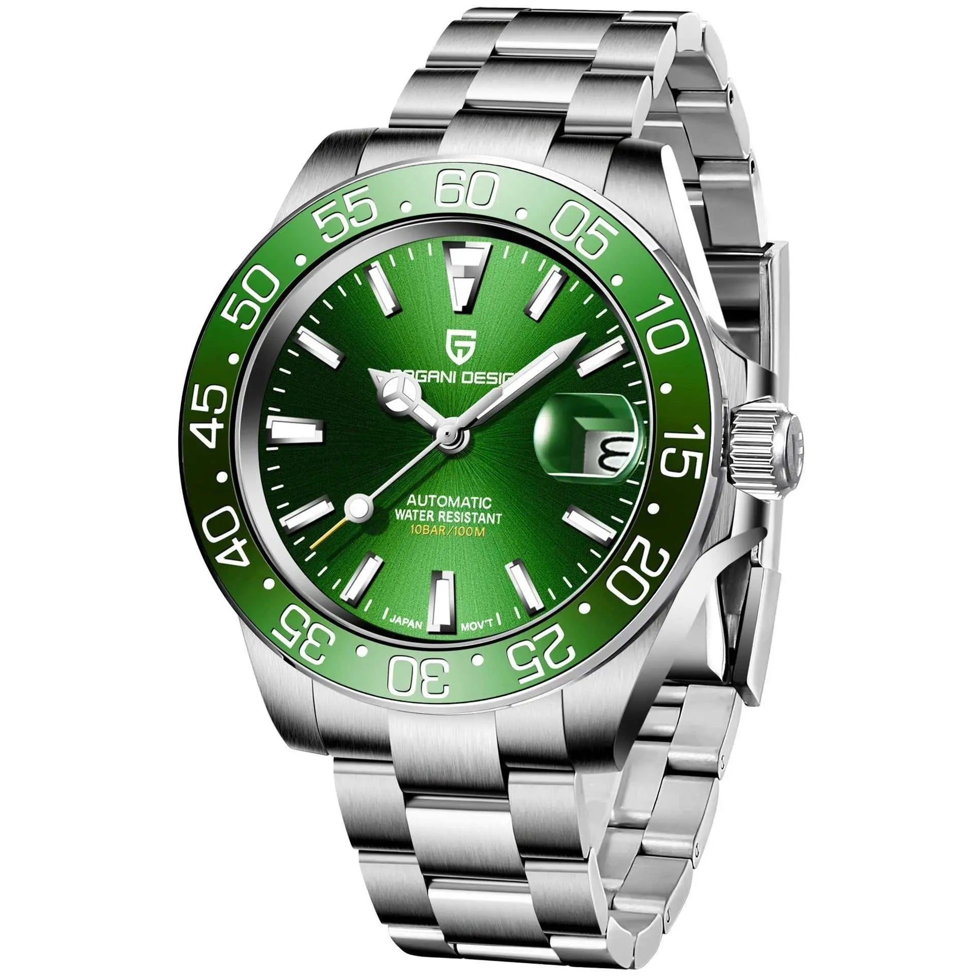 Luxury waterproof mechanical watch with green dial and stainless steel bracelet by Pagani Design