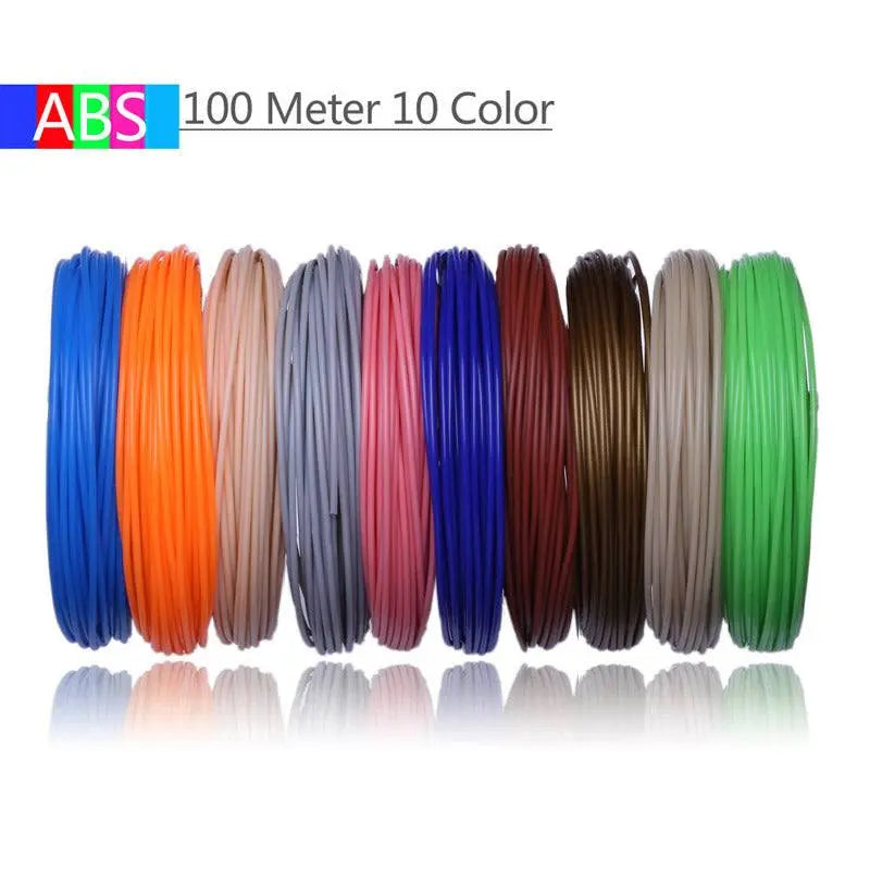 Set of 3D printing pen filaments in 10 vibrant colors, ABS material, 1.75mm thickness, 100 meters total length for smooth and precise 3D printing.