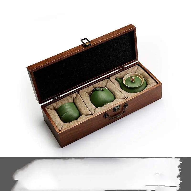 Elegant green ceramic Kung Fu tea set in wooden gift box packaging