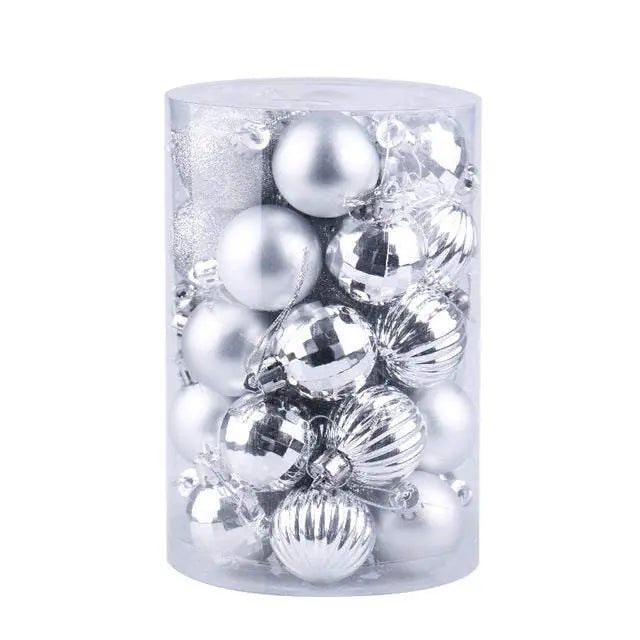 34-piece silver Christmas ball ornaments set in clear cylindrical container