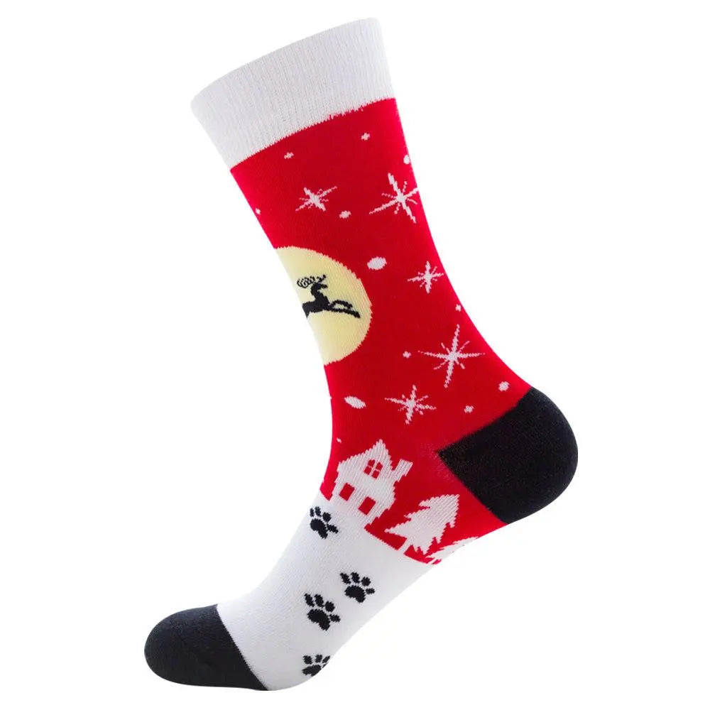 Festive men’s cotton mid-tube socks with Santa Claus and moose jacquard design in red, black, and white colors