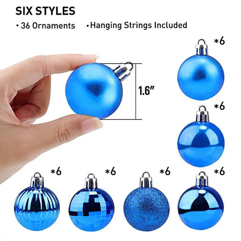 36-piece Christmas ball ornament set in assorted blue styles, 4cm diameter, lightweight and durable, includes hanging strings for tree decoration
