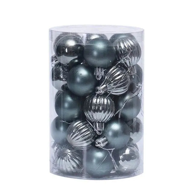 34-piece Christmas ball ornaments in silver and metallic grey, 4cm diameter, plastic tree decoration set.
