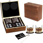Luxury whisky glasses and granite stones set in a wooden gift box with tongs and pouch for chilling drinks without dilution