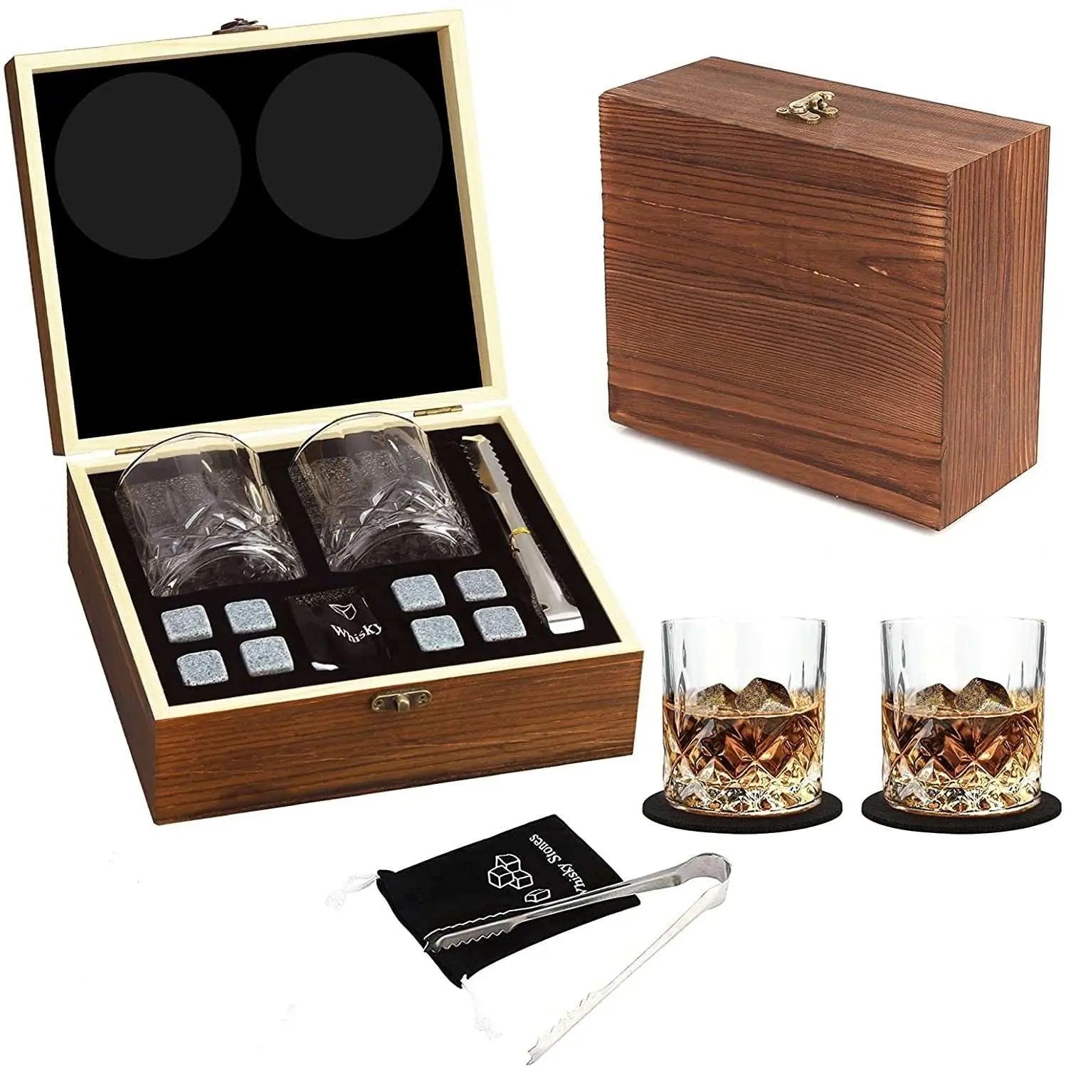 Luxury whisky glasses and granite stones set in a wooden gift box with tongs and pouch for chilling drinks without dilution