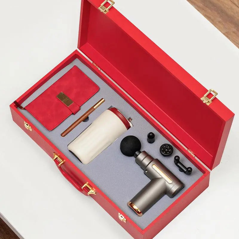 Massage Gun Gift Box with mug, notebook, pen, and multiple massage heads in red luxury business gift set box