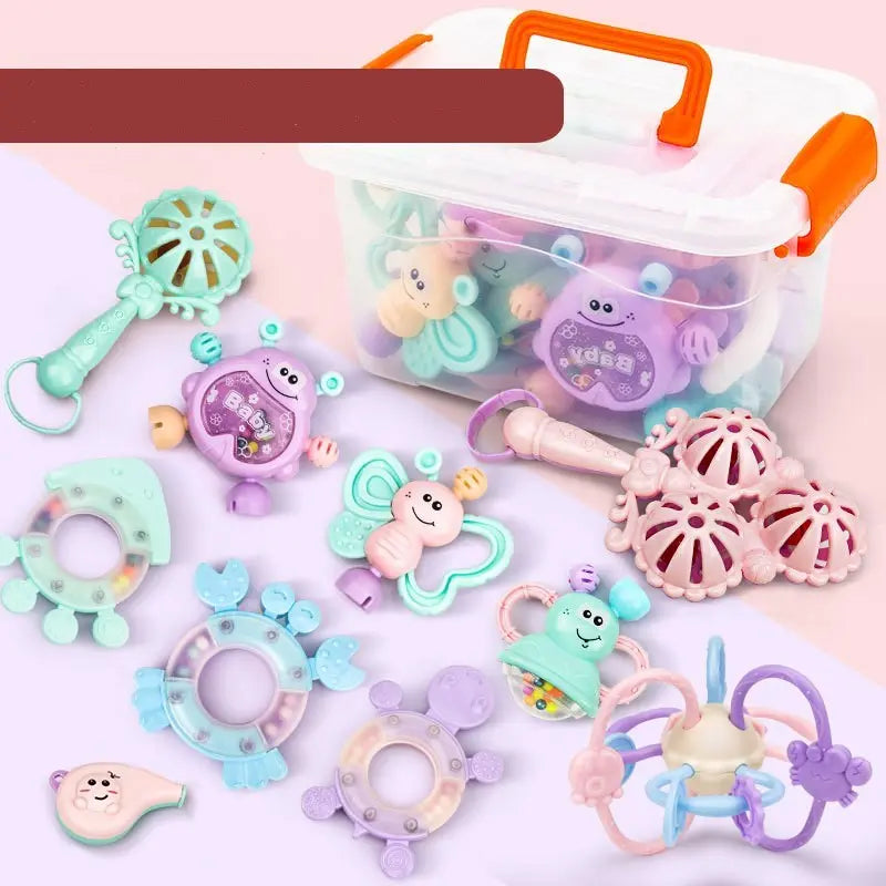 Baby developmental toy sensory learning playset with colorful plastic rattles and grips for infants 0-3 years in a clear storage box