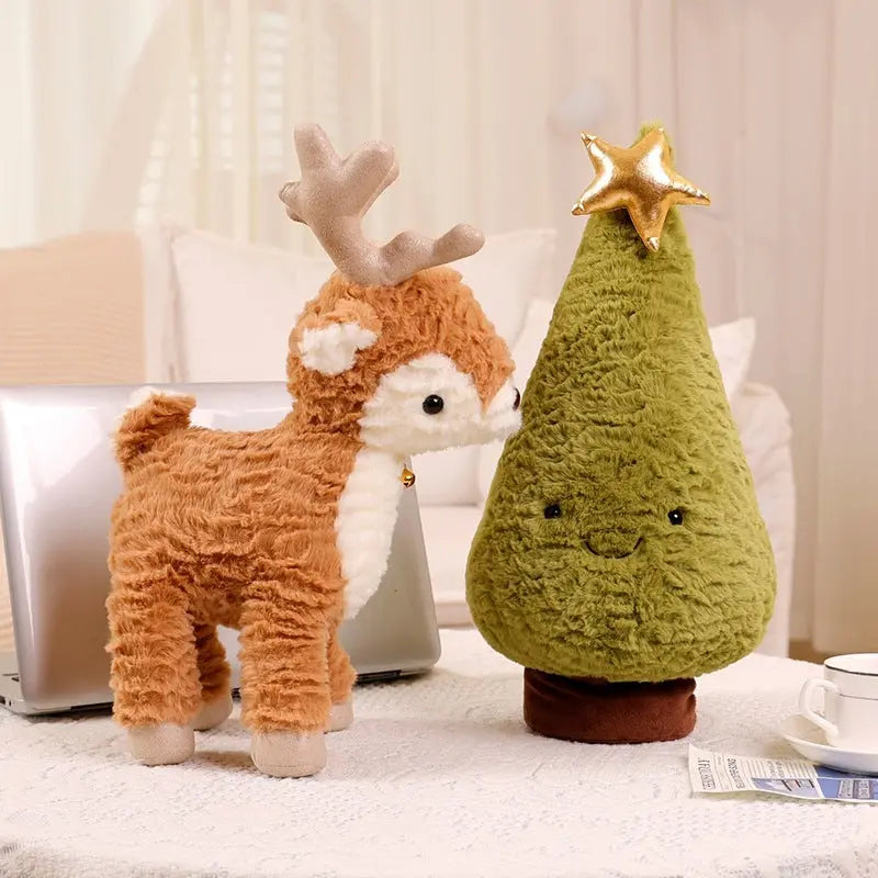Soft plush reindeer and Christmas tree cushions for holiday decor