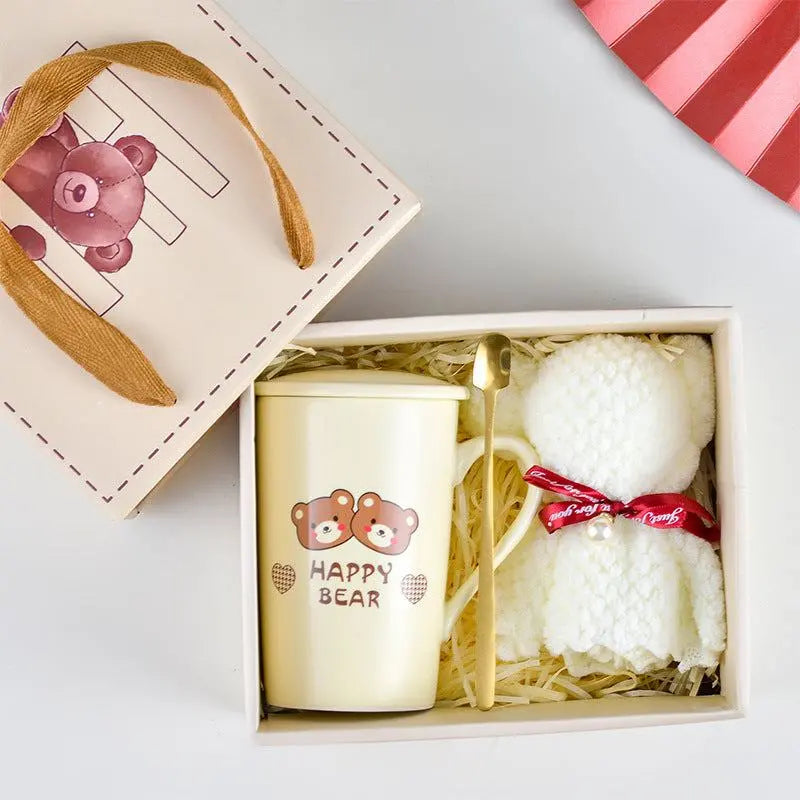 Ceramic cup gift box set with happy bear mug, spoon, towel, and gift packaging